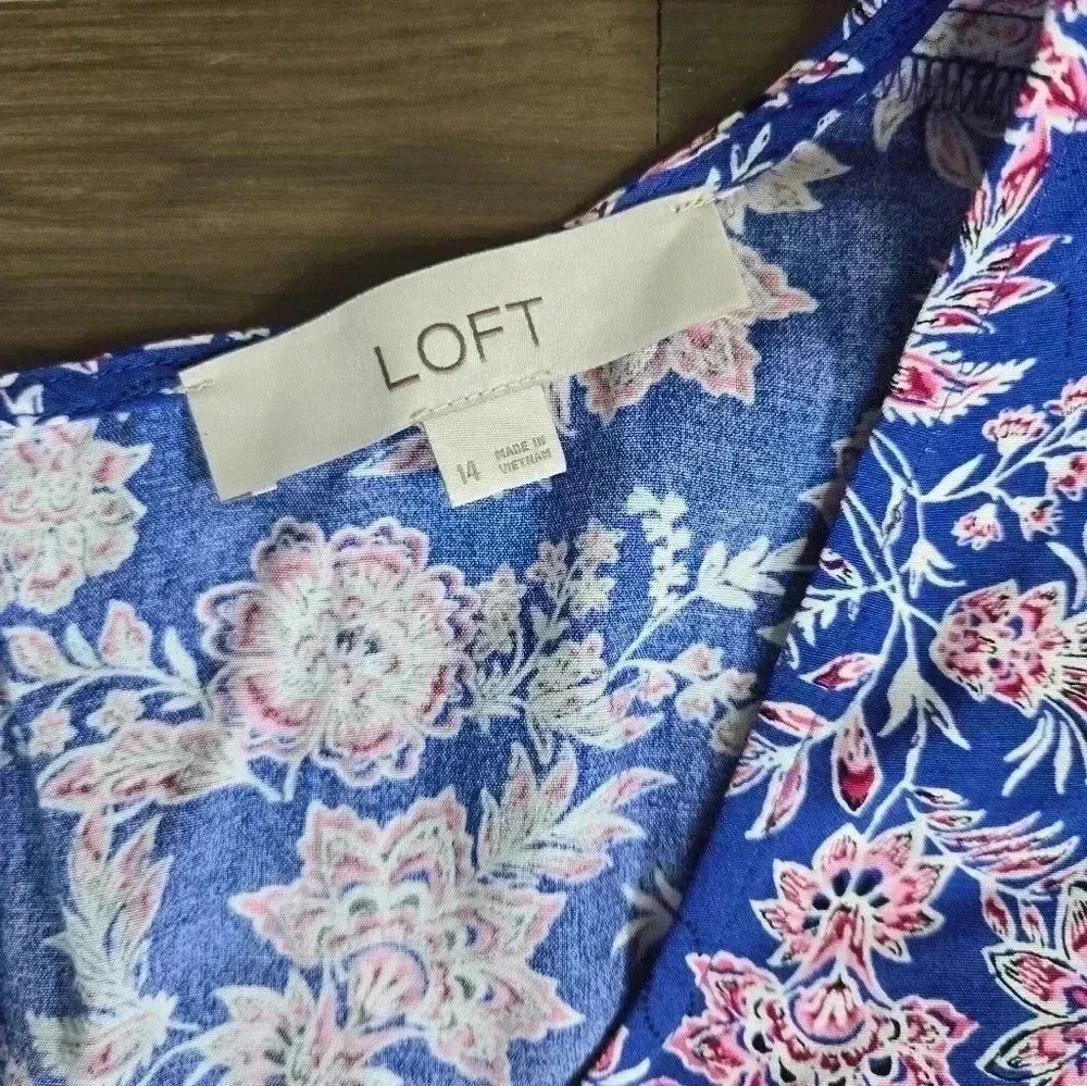 LOFT Floral Print Blue mini dress feminine puff short sleeve  sz 14 - Picture 4 of 10
